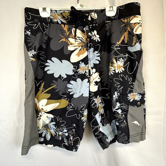 Tommy Bahama RELAX Large Men Swim Trunks black gray blue print - Picture 1 of 11